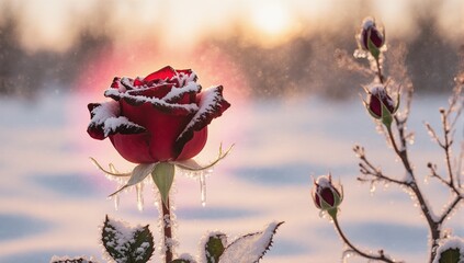 A single red rose covered with frost and ice crystals in a winter landscape at sunset