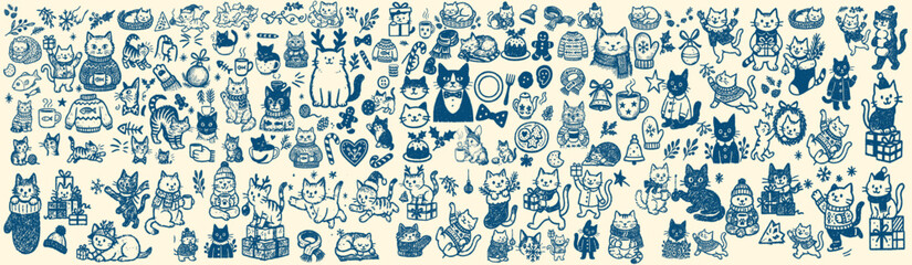 Hand drawn doodle style horizontal vector art of many winter cats with gifts, sweaters and christmas elements in monochrome blue line on cream background