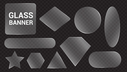 Set of realistic glass banners, buttons, and frames in various shapes with transparent effect for design elements