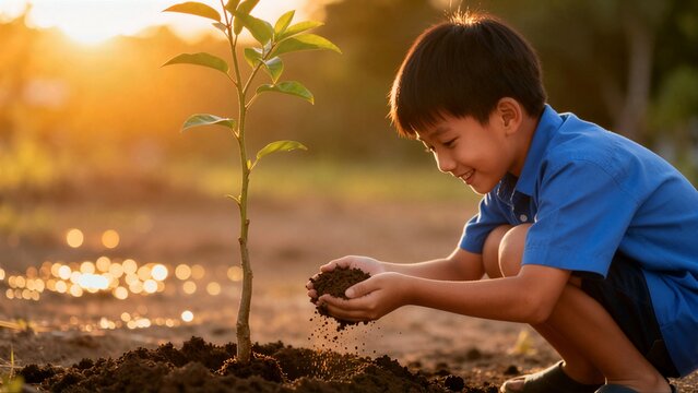 A young Asian boy smiles while holding a handful of dark soil and kneeling beside a newly planted tree sapling at sunset, symbolizing hope.