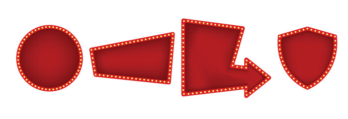 Set of retro red and gold illuminated marquee banners and frames with light bulbs for casino or theater signs