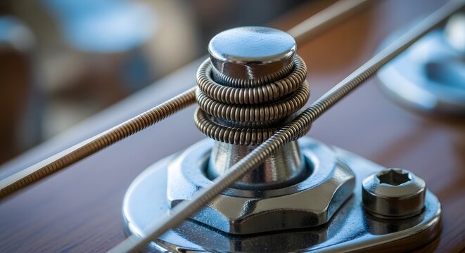 Shiny metal tuning peg on a classic acoustic guitar headstock, showcasing the intricate detail of the musical string in a macro photograph