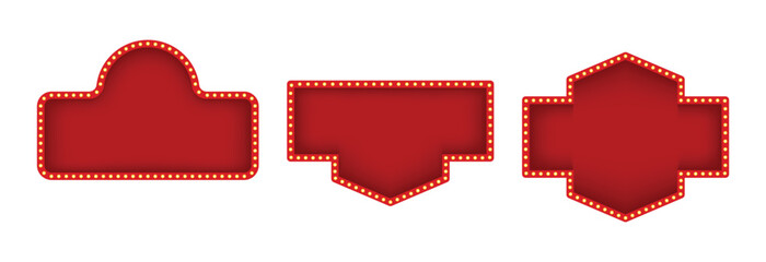 Set of retro red and gold illuminated marquee banners and frames with light bulbs for casino or theater signs