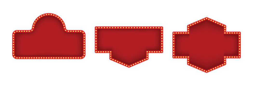 Set of retro red and gold illuminated marquee banners and frames with light bulbs for casino or theater signs