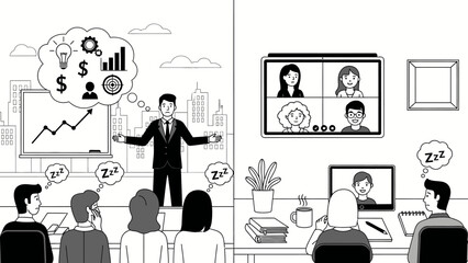 Doodle Illustration of Remote vs In-Person Business Meeting Boredom and Engagement