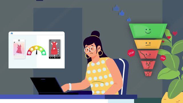 Stressed Woman Working Late on Laptop at Desk in Office Animation
