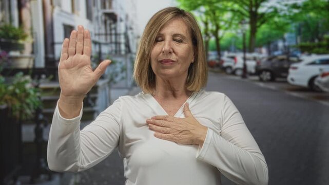 Middle aged caucasian woman in white top raises right hand and places left palm on chest in city street; sincerity.
