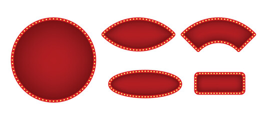 Set of retro red and gold illuminated marquee banners and frames with light bulbs for casino or theater signs