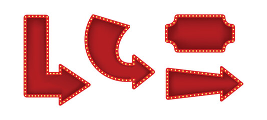 Set of retro red and gold illuminated marquee banners and frames with light bulbs for casino or theater signs