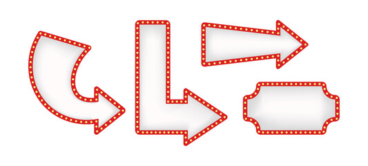 Set of retro white and red illuminated marquee arrows and signs with light bulbs for show business advertisement