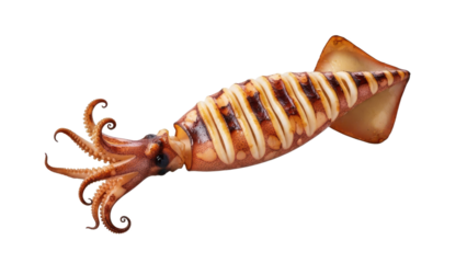 Exquisite grilled squid presenting culinary delicacy with tempting grilled lines and delightful tentacles perfectly isolated on a pristine white scene