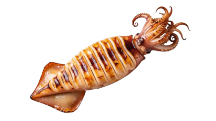 Deliciously grilled squid isolated against a pristine white background, ready to be enjoyed as a delectable seafood delicacy for any culinary occasion