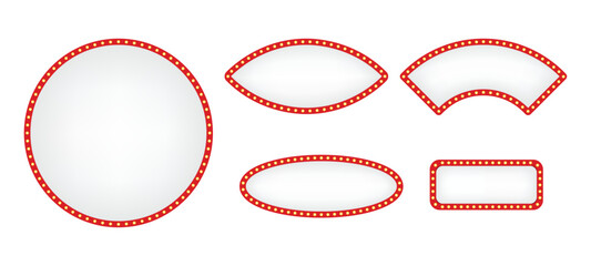 Set of retro white and red illuminated marquee arrows and signs with light bulbs for show business advertisement