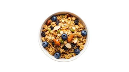 A bowl of homemade granola with blueberries and a variety of nuts displayed on a white background