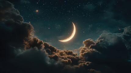 Glowing Crescent Moon and Starry Sky Above Dramatic Clouds at Night