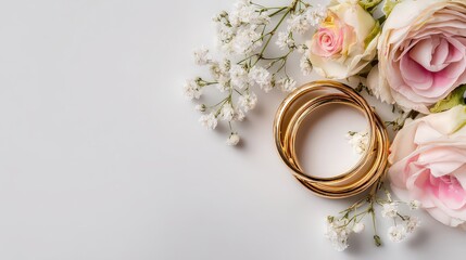 Gold Wedding Rings Surrounded By Pink And Cream Roses