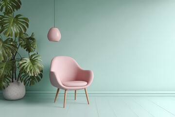 Interior Scene with Pink Chair and Hanging Lamp against a Pastel Green Wall