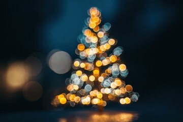 Defocused Christmas Tree with Golden and Silver Bokeh Lights on Dark Blue Background