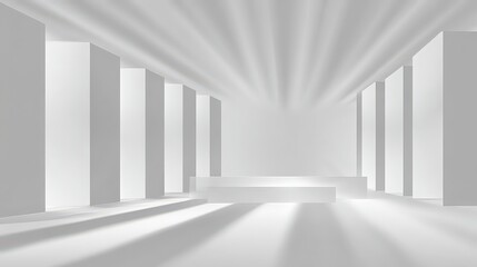 Minimalist White Architectural Structure with Geometric Design and Dramatic Lighting