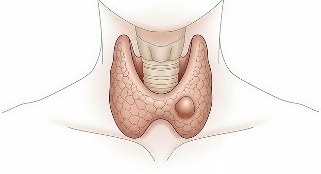 Illustration of thyroid gland anatomy with nodule in human neck