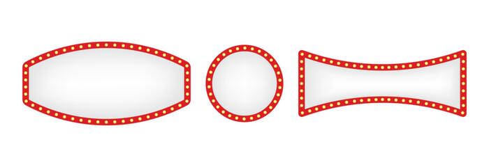 Set of retro white and red illuminated marquee arrows and signs with light bulbs for show business advertisement