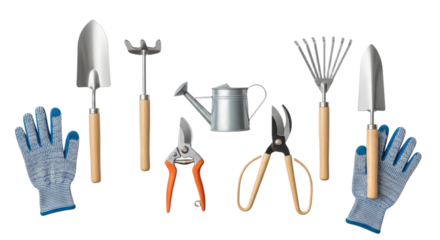 Selection of essential gardening tools arranged on a clean white background ideal for horticultural projects and garden maintenance demonstrations