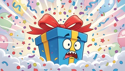 Shocked blue gift box character in a vibrant explosion of party confetti and balloons for a surprise celebration