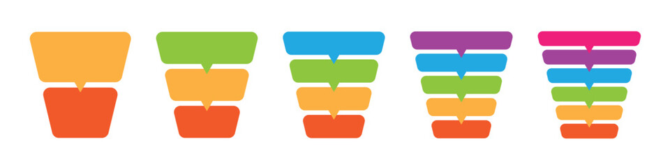 Set of colorful stacked funnel infographic templates for business process, stages, or data filtration visualization. 2, 3, 4, 5, and 6 steps.