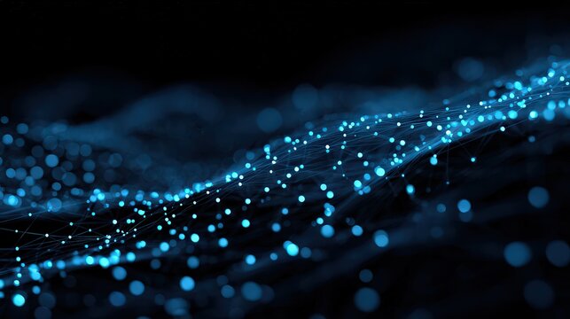Abstract Blue Network Grid with Shining Particles Against Dark Background Data Visualization Artificial Intelligence Concept and Modern Technology