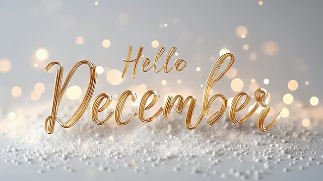 Hello December Gold Script Winter Greeting Bokeh Background