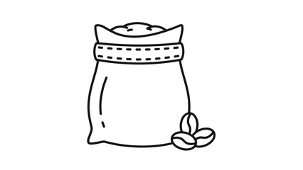 Fresh coffee beans spilling from burlap sack minimalist design for cafe or coffee shop promotions black and white outline simple and elegant style, Generative AI.