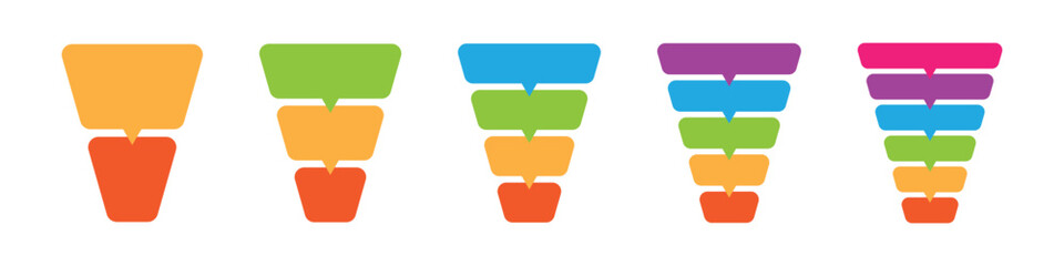 Set of colorful stacked funnel infographic templates for business process, stages, or data filtration visualization. 2, 3, 4, 5, and 6 steps.