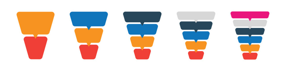 Set of colorful stacked funnel infographic templates for business process, stages, or data filtration visualization. 2, 3, 4, 5, and 6 steps.