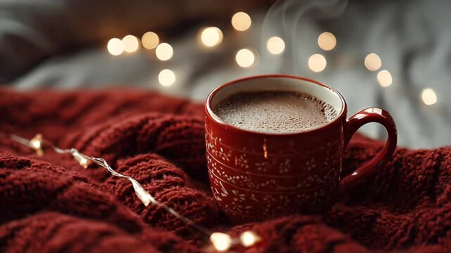 Cozy Hot Drink Mug on Knitted Blanket with Bokeh Lights