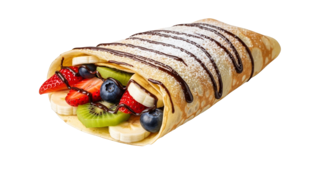 Delicious fruit crepe with vibrant berries, kiwi, banana, chocolate sauce and powdered sugar for a sweet culinary experience