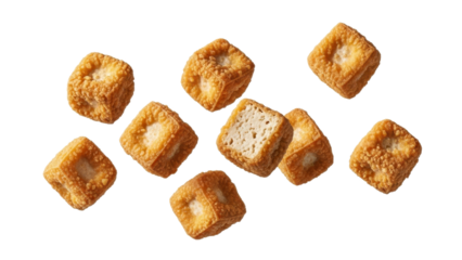 Geometric fried tofu appetizers, a healthy and balanced snack, culinary cubes of tofu, on a clean and neutral background, for healthy eating