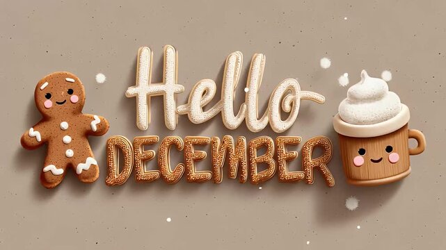 Hello December Cute 3D Gingerbread Text and Hot Drink Christmas Winter