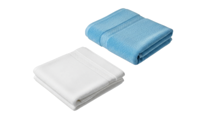 Neatly folded blue and white towels isolated, perfect for showcasing hygiene and cleanliness in a minimalist setting portraying freshness and