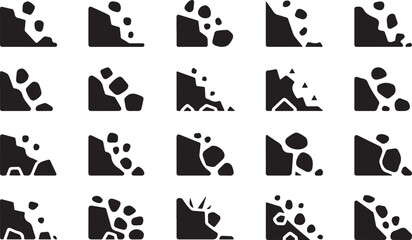 Set of rockfall landslide symbol of falling stones and land masses vector