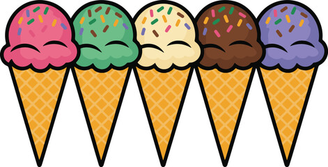 Cartoon ice cream cones of various flavors with sprinkles illustration