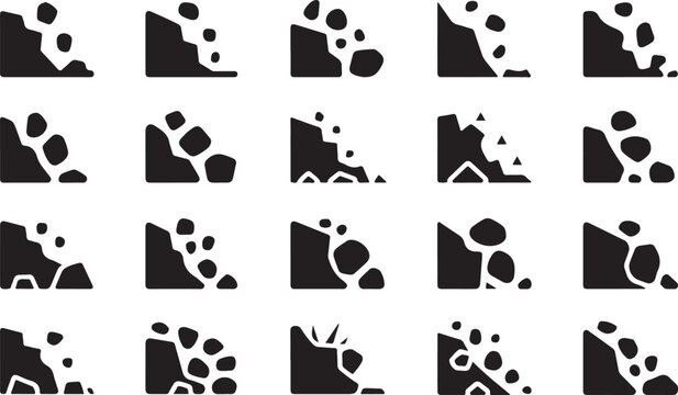 Set of rockfall landslide symbol of falling stones and land masses vector