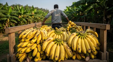 Fresh Banana Harvest Loaded on Wooden Cart in Plantation