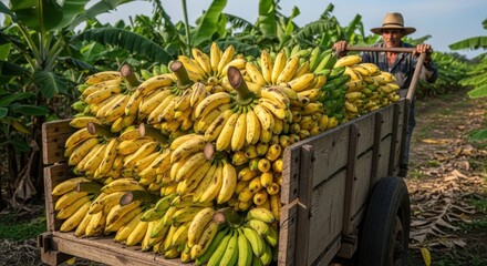 Fresh Banana Harvest Loaded on Wooden Cart in Plantation