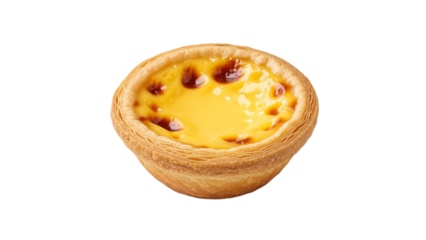 Delicious golden egg custard tart with a flaky pastry crust on a pristine white background highlighting its appealing texture and rich color