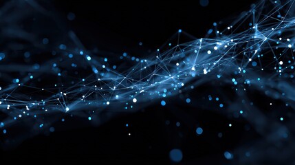 Abstract Blue Connected Dots and Lines Network on Black Background Futuristic Digital Communication Technology Big Data Visualization