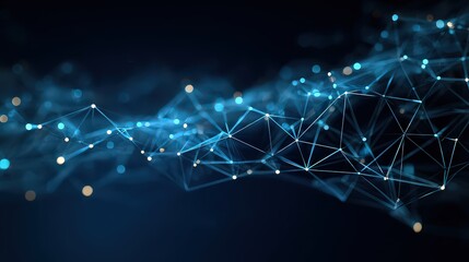 Abstract Network of Interconnected Lines and Nodes on Dark Blue Background with Bokeh Lights for Technology Innovation and Connectivity Visual
