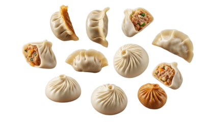 Diverse selection of beautifully handcrafted dumplings showcases culinary artistry and delicious flavor compositions with isolated background