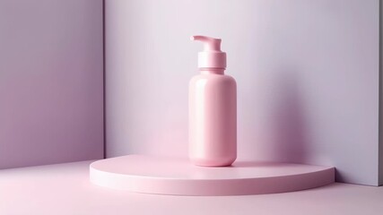 a soft-colored skincare pump bottle on a soft-colored podium - Powered by Adobe