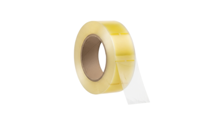 A roll of clear adhesive tape, showcasing its translucent quality and practical application for packaging and sealing purposes