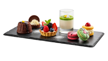 Exquisite dessert assortment featuring cake, macarons, fruit tart and creamy panna cotta presentation on a elegant black slate board